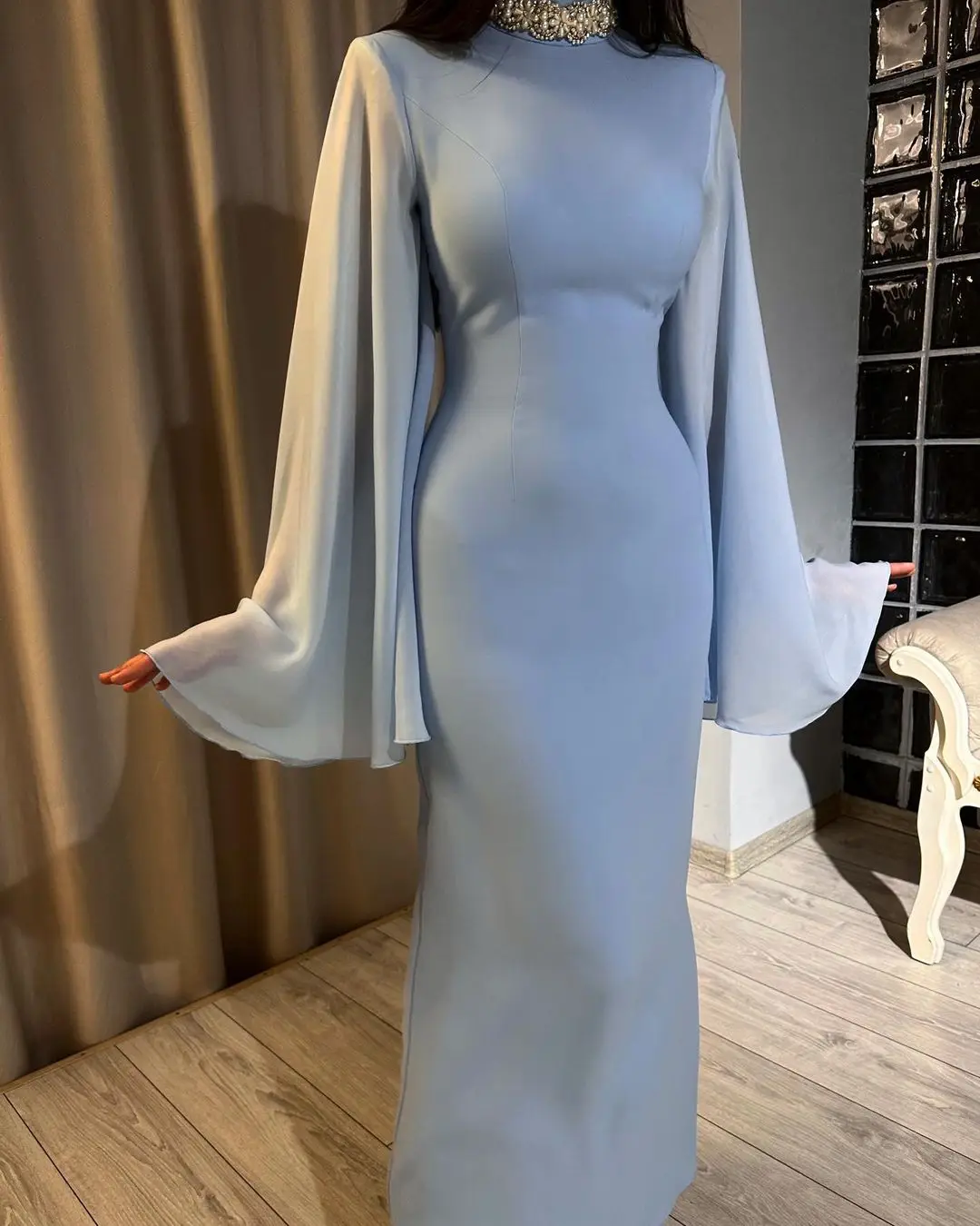 

Vintage Long Sleeves Evening Dresses Prom Dresses Mermaid Beaded O-Neck Ankle Length Formal Occasion Dresses