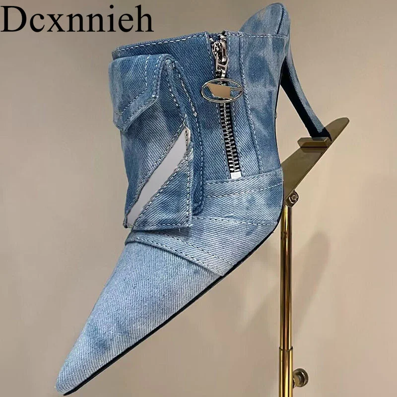 

Pointed Retro Denim Color Baotou Slippers Women's Zipper Decoration Thin Heel High Heel Sandals Summer Outdoor Vacation Shoes