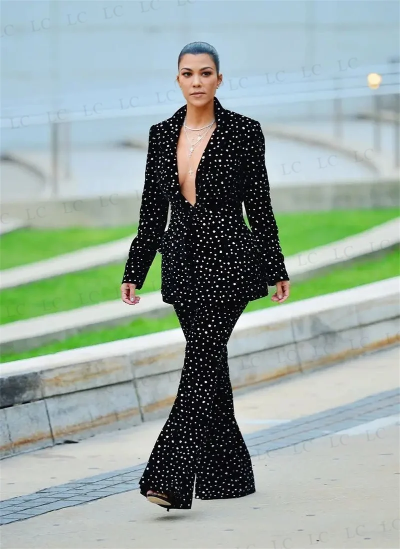 Sexy Women Suits 2 Pieces Velvet One Button Blazer Pants Beading Diamonds Prom Work Wear Party Slim Plus Size Costume Homme