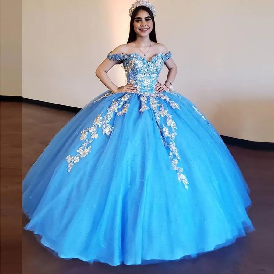 

Небесно-голубое кружевное платье Quinceanera для сладкого 15-летнего бального платья сексуальное с открытыми плечами пышное платье принцессы с а...