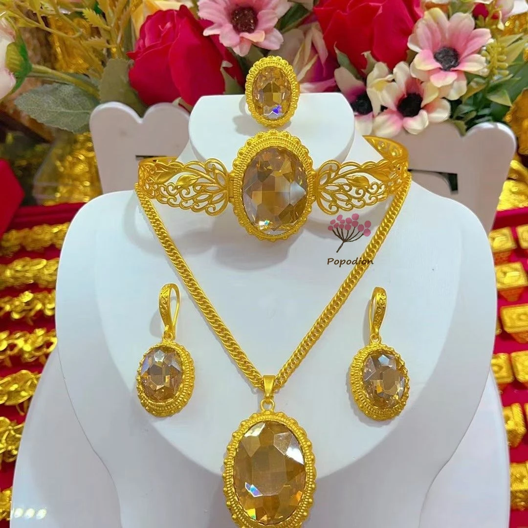 

Popodion Dubai New 24K Gold Plated Wedding Necklace Earrings Ring Bracelets Wedding Jewelry Set for Women DD10337