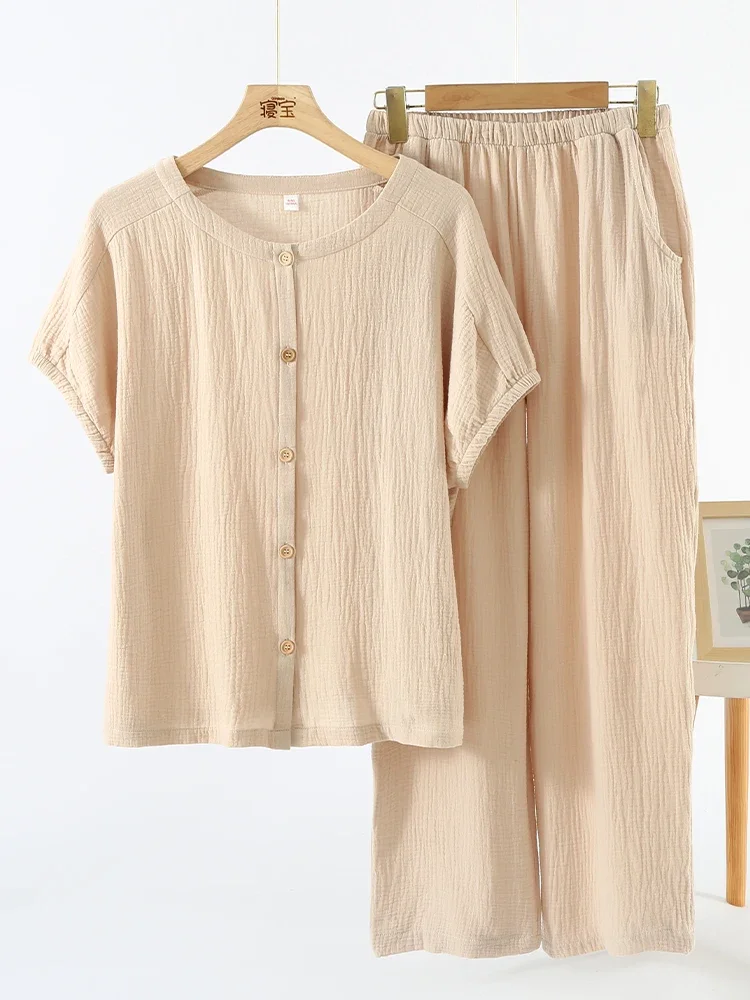 Muslin 100% Cotton Gauze 2 Piece Sets Womens Outfits Button Up Short Sleeve Tees + Long Trouser Sets Comfortable Tracksuit 3