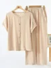 Muslin 100% Cotton Gauze 2 Piece Sets Womens Outfits Button Up Short Sleeve Tees + Long Trouser Sets Comfortable Tracksuit 3
