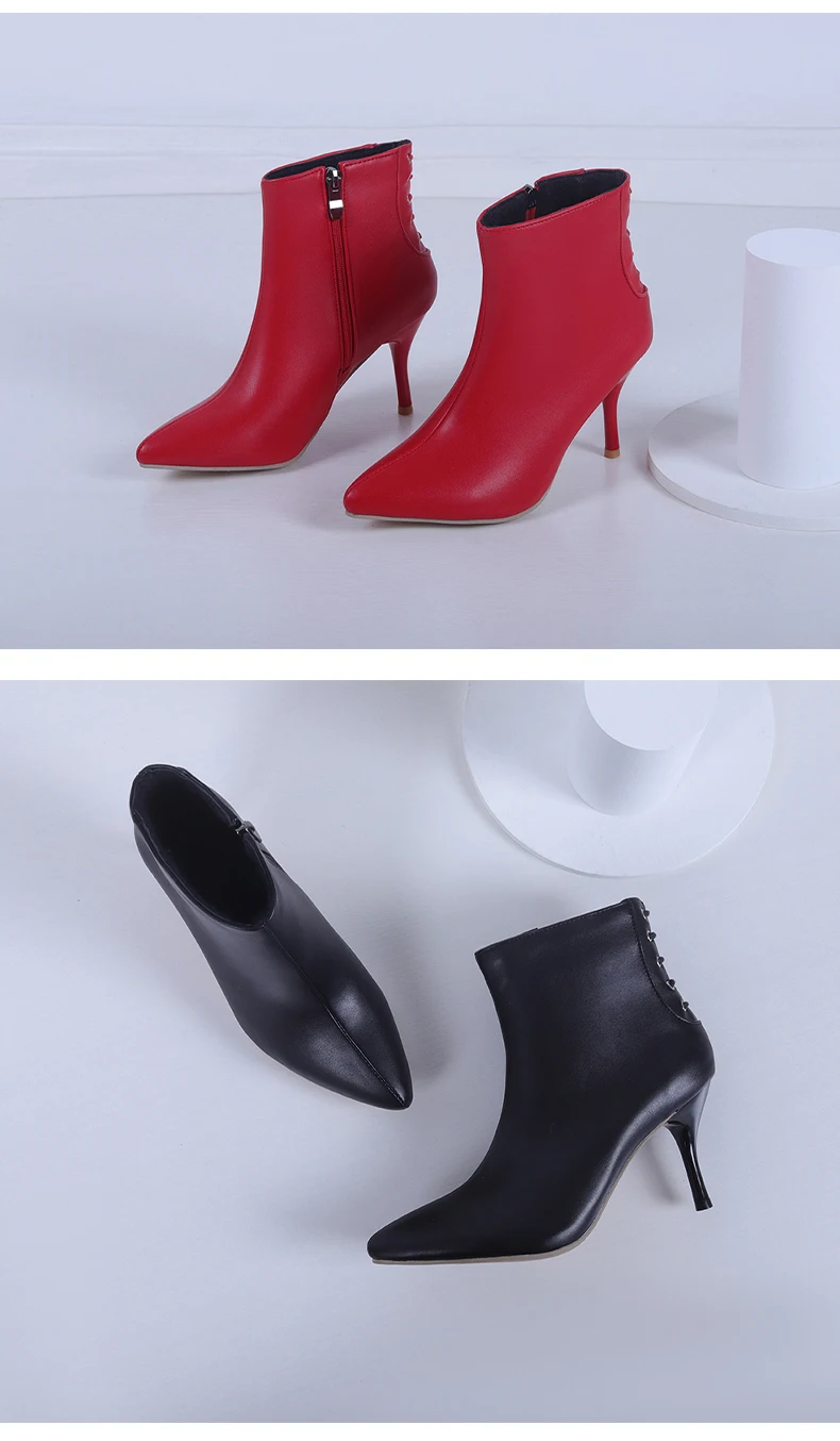 Rote Damenstiefel, kurze Stiefel, weiß, schwarz, elegantes Damengeschenk, luxuriöser Designer-Stil, neue Damen-Stiefeletten für Herbst und Winter, hohe Absätze, spitzer Zehenbereich, Stiletto-Absatz, Reißverschluss-Sti – Detail 7