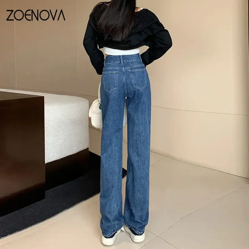 ZOENOVA 여성용 하이 웨이스트 더블 버튼 바지, 가죽 패치 디자인, 루즈 모핑, 롱 와이드 레그 청바지, 패션 2023, 여름 신상