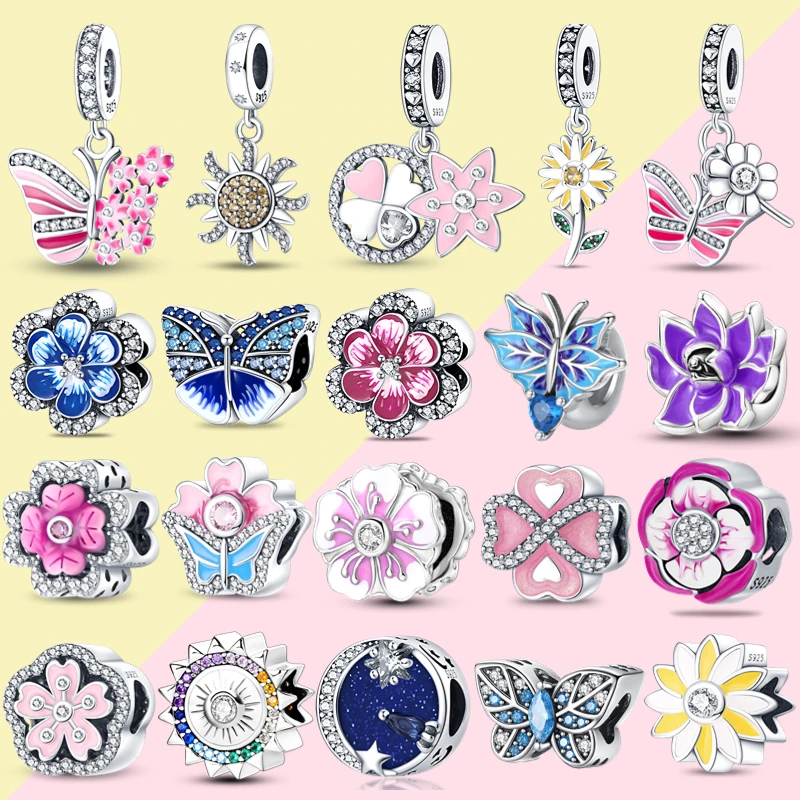 

100% Стерлинговое Серебро 925 пробы, бусины с блестящими бабочками и цветами, подвеска для оригинального женского браслета, изготовление ювелирных изделий из бутика «сделай сам»