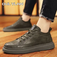 Oulylan Men Leather Waterproof Casual Shoes Fashion Non Slip Board Shoes Thick Soled Lace Up Sneakers for Men 39 To 44