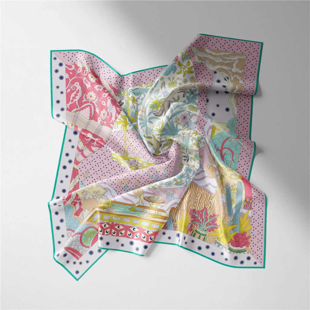 53cm Marke Dot Tiere Quadrat Schal Frau Neue Design Silk Schal Frauen Bandana Luxus Stirnband Hijab Foulard Halstuch – Detail 6