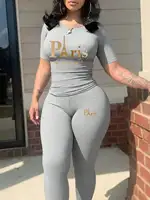 Nouvel ensemble deux pièces imprimé Paris pour femme 2026, t-shirt décontracté à manches courtes et col rond et pantalon long moulant 3