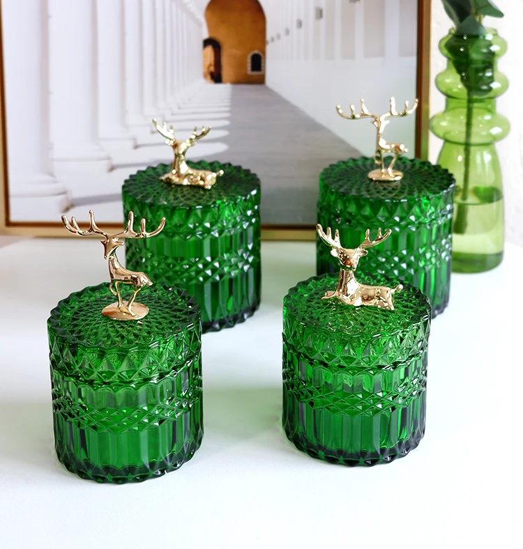 French Elk Glass Storage Jar Luxury Green Jewelry Cotton Swab Box Desktop Small Object Aromatherapy Candle Bottle Decor