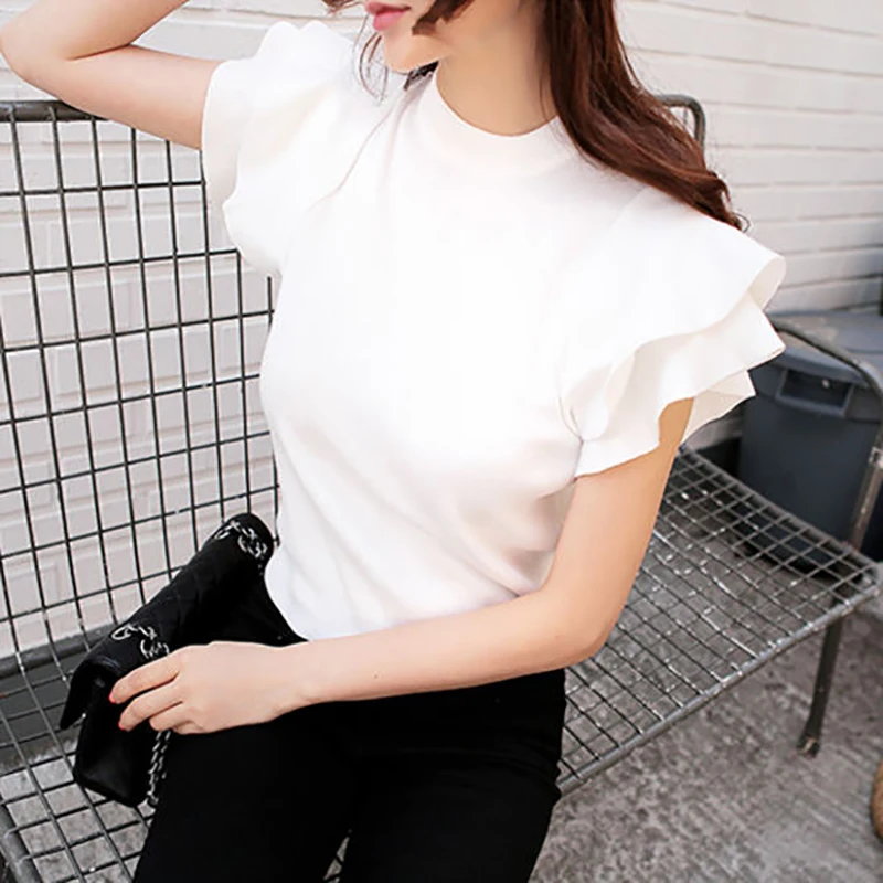

2023 summer ruffle top korean flying sleeve cropped knit shirt pullover t shirt women ice silk thin knitted tshirt sweet tee