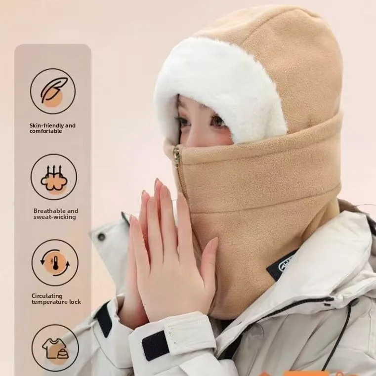 Winter All-around Warm Fleece Hat Fashionable Zipper Mask Cap Integrated Protective Warming Hat Riding Cap for Men Women