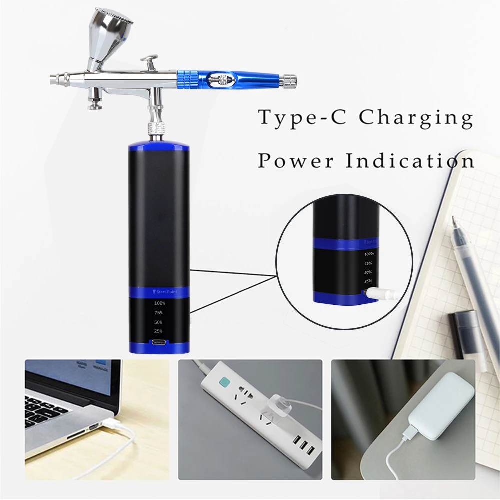 Kit Aérographe Portable Rechargeable USB-C – Avec Compresseur Intégré, Pinceau Et Accessoires – Pour Ongles, Maquillage, Modélisme, Tatouage