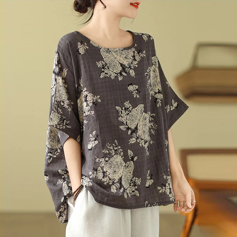 

Women Vintage Ethnic Style Floral Print Cotton Linen T-shirt 2024 Summer Casual O Neck Bat Short Sleeve Oversized Irregular Tops