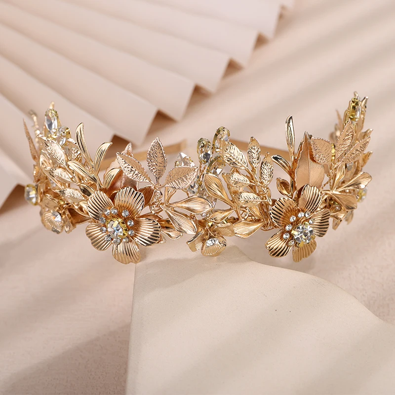 Luxury Flower and Leaf Bridal Rhinestone Headband Crown Gold Black Diamonds for Women Tiara Handmade Wedding Hair Accessories