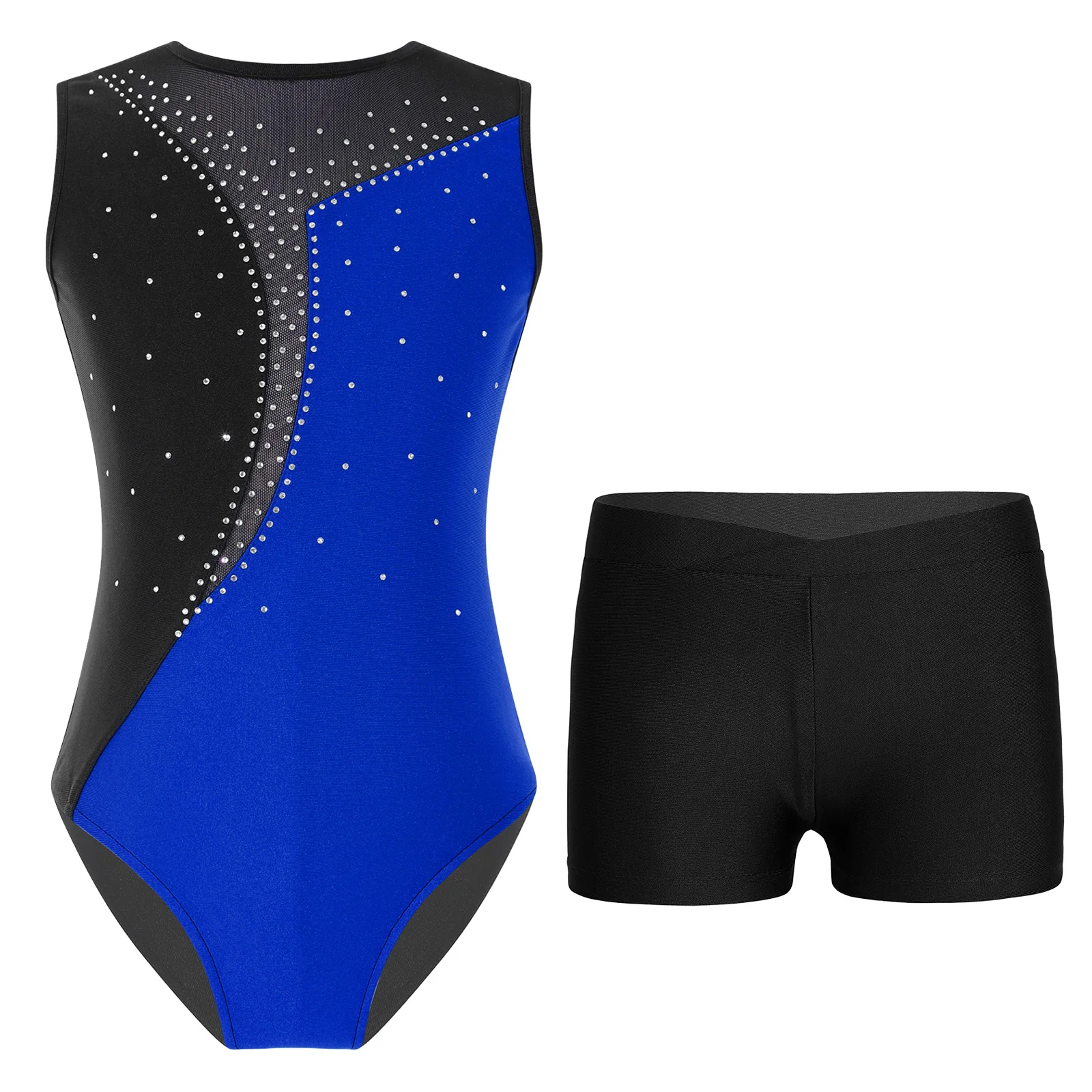 thumbnail image 1 of Niños Niñas brillantes diamantes de imitación Ballet Biketard traje de baile gimnasia Ballet Jersey camiseta sin mangas leotardo mono con pantalones cortos conjunto, 1 of 5