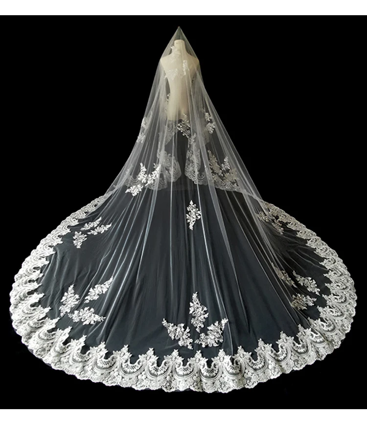 Bridal Veil 5m 4m 3m Long Wedding Bridal Veils Lace Appiques Edge 1 T Tulle Cathedral Veil with Comb
