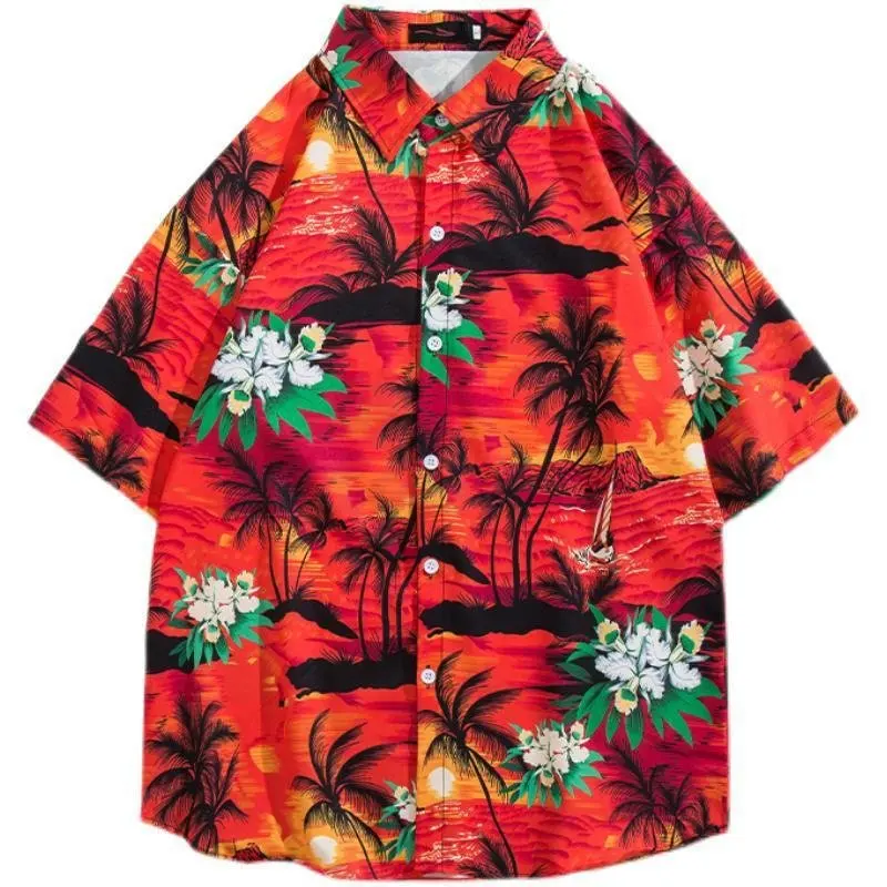New Couple Japanese Shirt Harajuku Oversized Short Sleeve Shirt for Men Women  Hawaiian Print Flower Shirt Geometric Streetwear - AliExpress