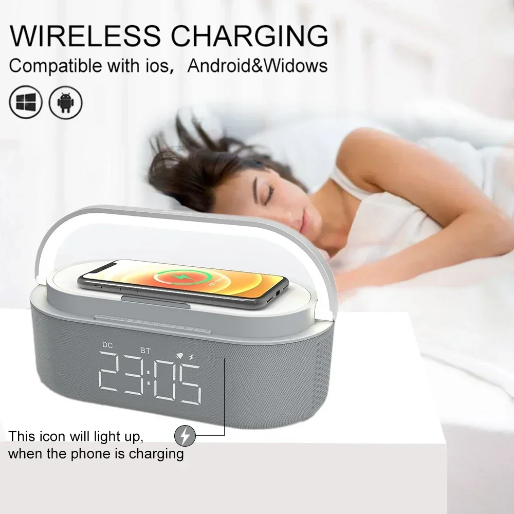 S305LED Wireless Charging Bluetooth Speaker Colorful Lighting Smart Desktop Clock Alarm Clock White Noise Speaker With Radio