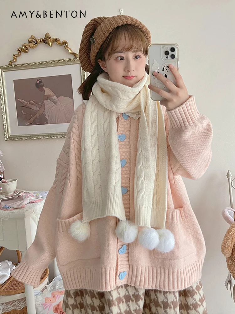 

Japanese Retro Cute Knitting White Cardigan Winter Round Neck Casual Kawaii Heart Button Cardigan Women Oversized Pink Cardigan
