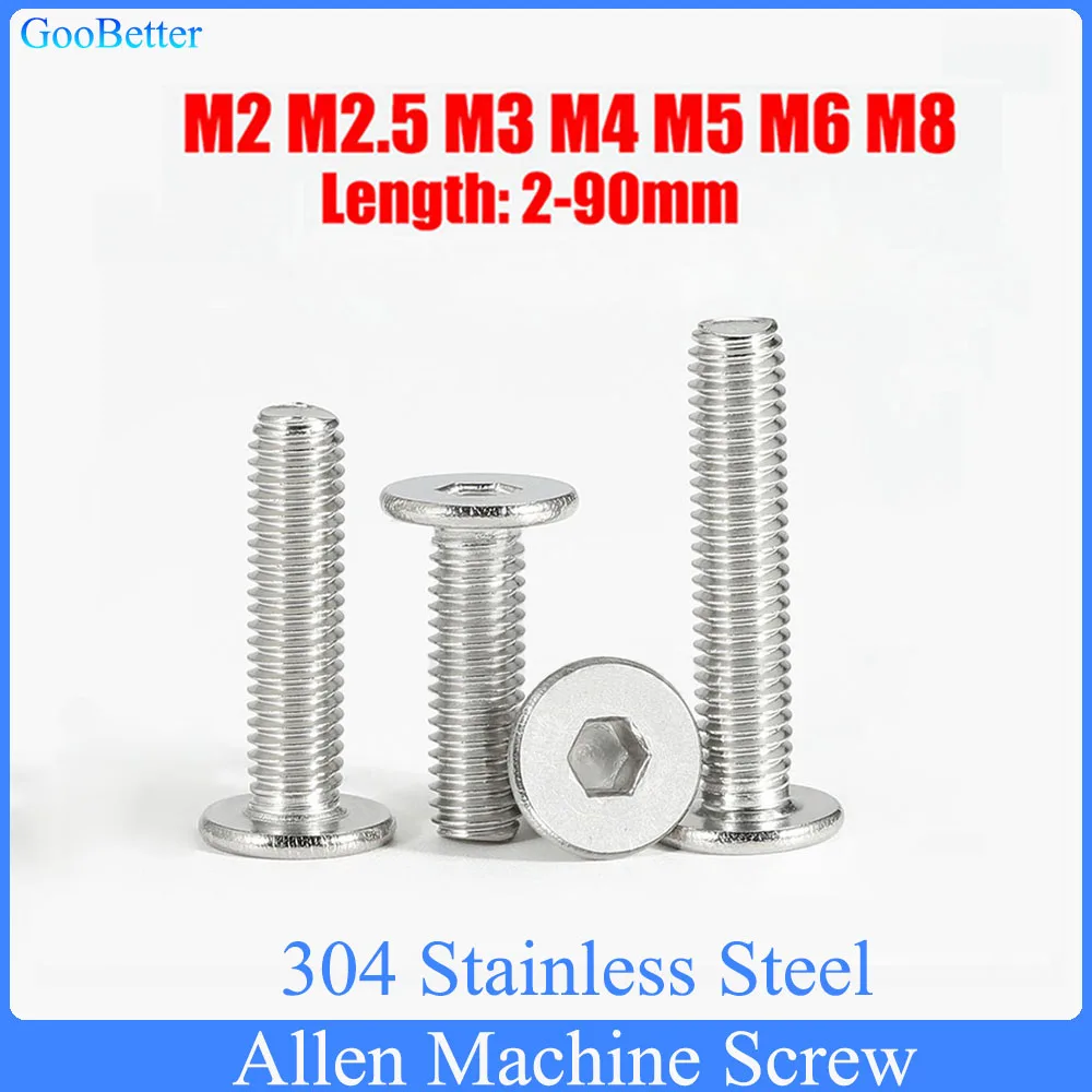 2-100Pcs Allen Machine Screw M2 M2.5 M3 M4 M5 M6 M8 A2-70 304 Stainless Steel Hex Hexagon Socket Low Flat Wafer Head Bolts