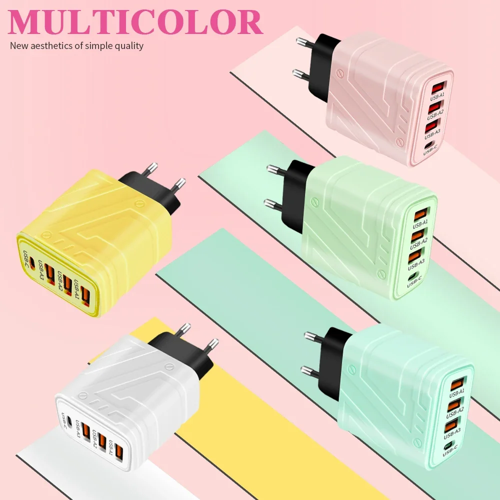 Portable 40W 4 Ports USB Fast Charging Chargers Type C Quick Charge 3.0 Charger PD Type C Adapter 3 USB EU/US Plug Wall Adapter