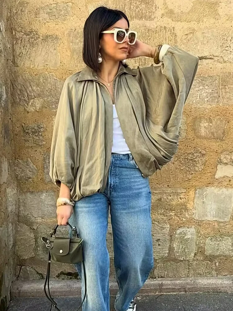 Chic Casual Soft Bomber Jackets Women Long Lantern Sleeve Oversized Spring Autumn Coats Fashion 2025 Streetwear Zipper Outerwear