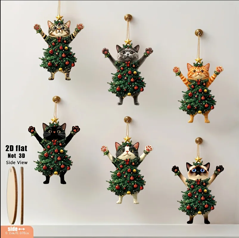 6PCS 2D Flat Wooden Christmas Cat Ornaments Cute Christmas Tree Cat Pendant Festival Supplies 2026 New Year Xmas Decor Gift