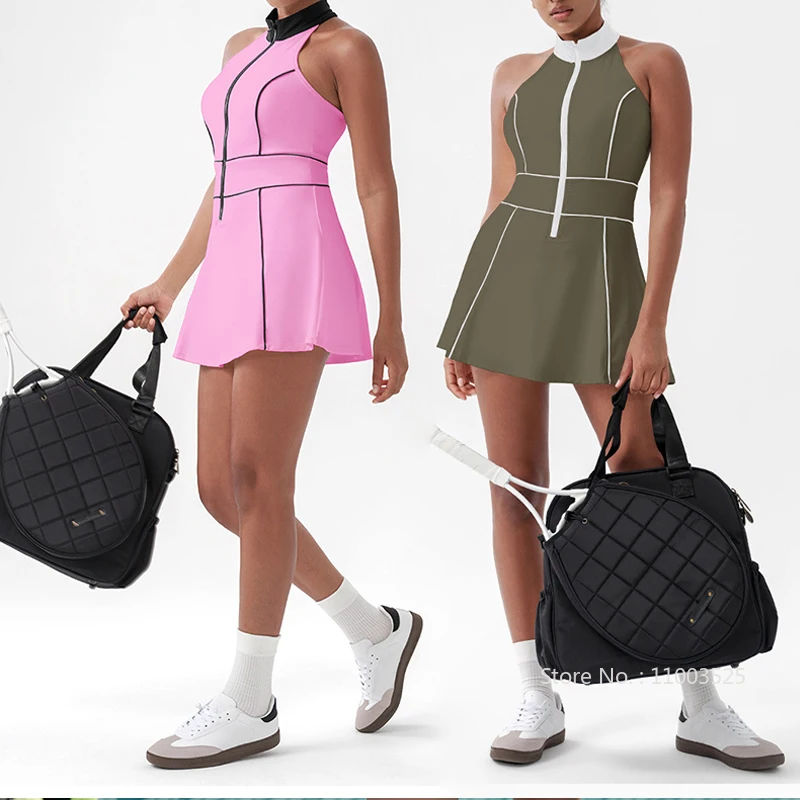 Summer Women Tennis Dress Sleeveless Zipper front Fitness Dress Ladies Running Slimming Soft Sports Yoga Skirt