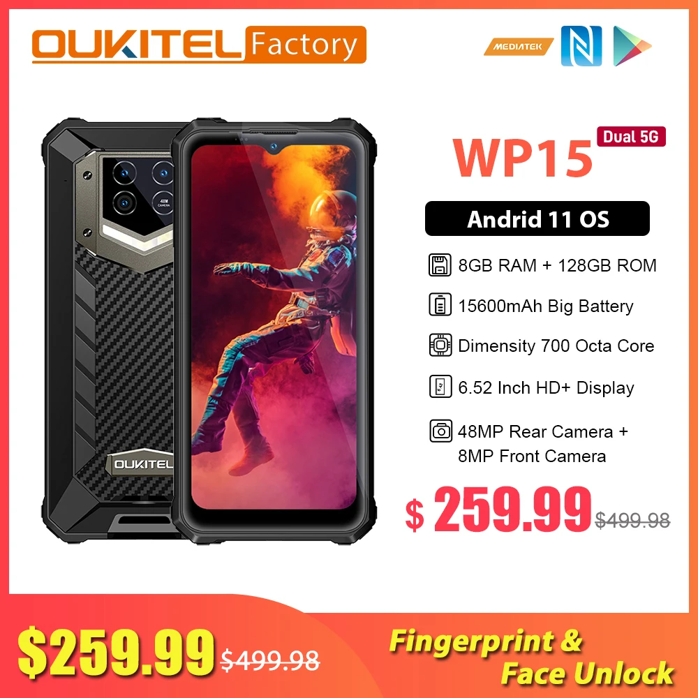 OUKITEL WP15 8GB 128GB Rugged Smartphone 15600mAh Battery Octa Core ...