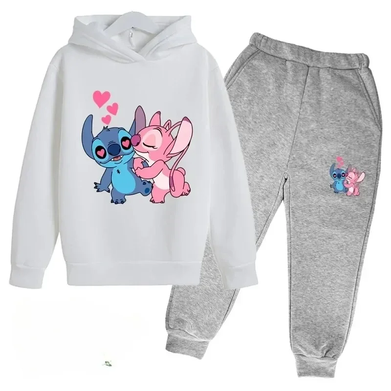 thumbnail image 1 of Conjunto de 2 piezas de sudadera y pantalones con estampado de dibujos animados de Disney Stitch para niños de 3 a 14 años, ropa deportiva informal para niños y niñas, 1 of 5