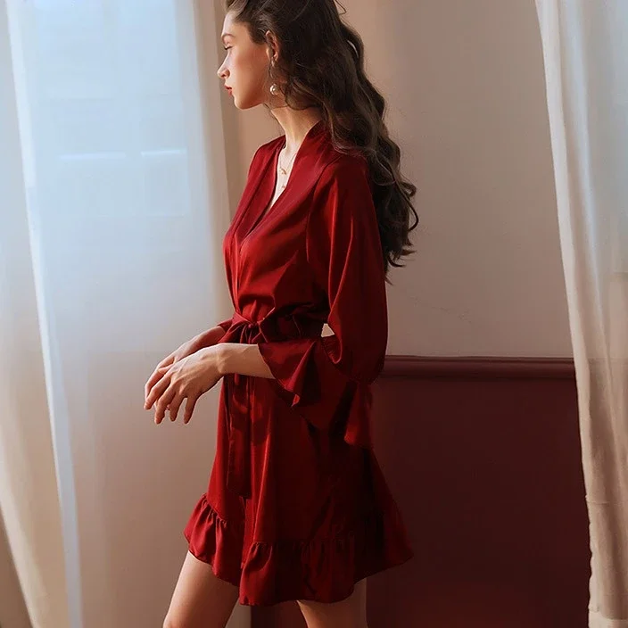 Women Silk Robe Sexy Lingerie Pajamas Ruffle Cuffs Cardigan Night Gown Female Elegant Home Nighty for Ladies