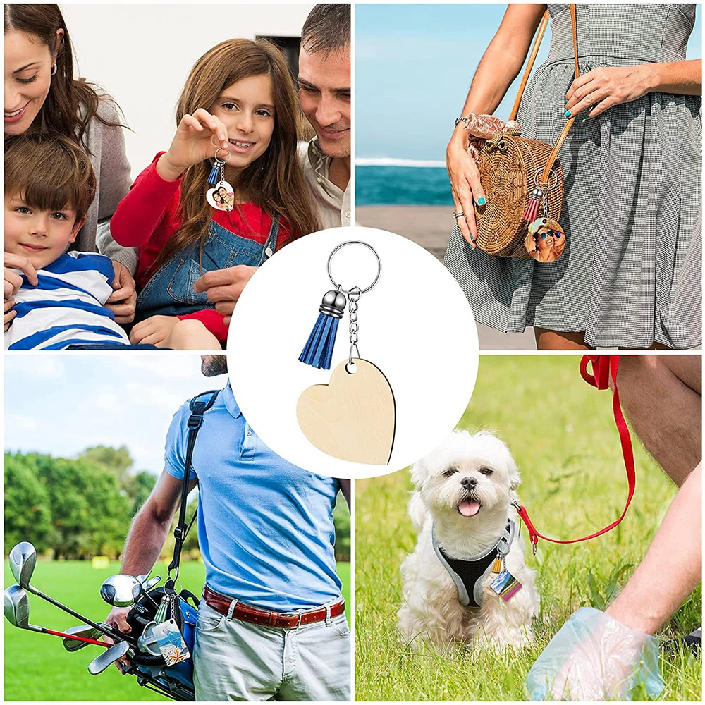 160Pcs Sublimation Blank Keychain Unfinished Wood Keychains Key Ring Jump Ring Tassels for Ornament Making DIY Art Craft Supplie