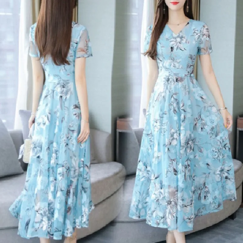New Summer Women Chiffon Printed Dress V-neck Long Slim Dress Korean Version Plus Size Vacation Beach Female Clothes