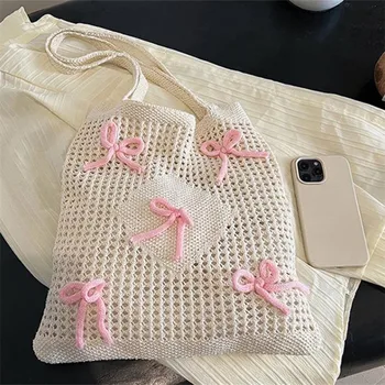 حقيبة حمل كروشيه على طراز Preppy مع لمسات فراشة، حقيبة كتف بوليستر بلون سادة، حقيبة شاطئ عصرية قابلة للطي 2