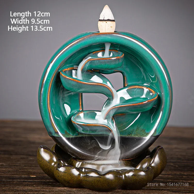 Ceramic Backflow Incense Burner, Creative Ornaments, Green Square, Round, Kiln Variable Decoration Ornament, Aroma Diffuser, 1Pc