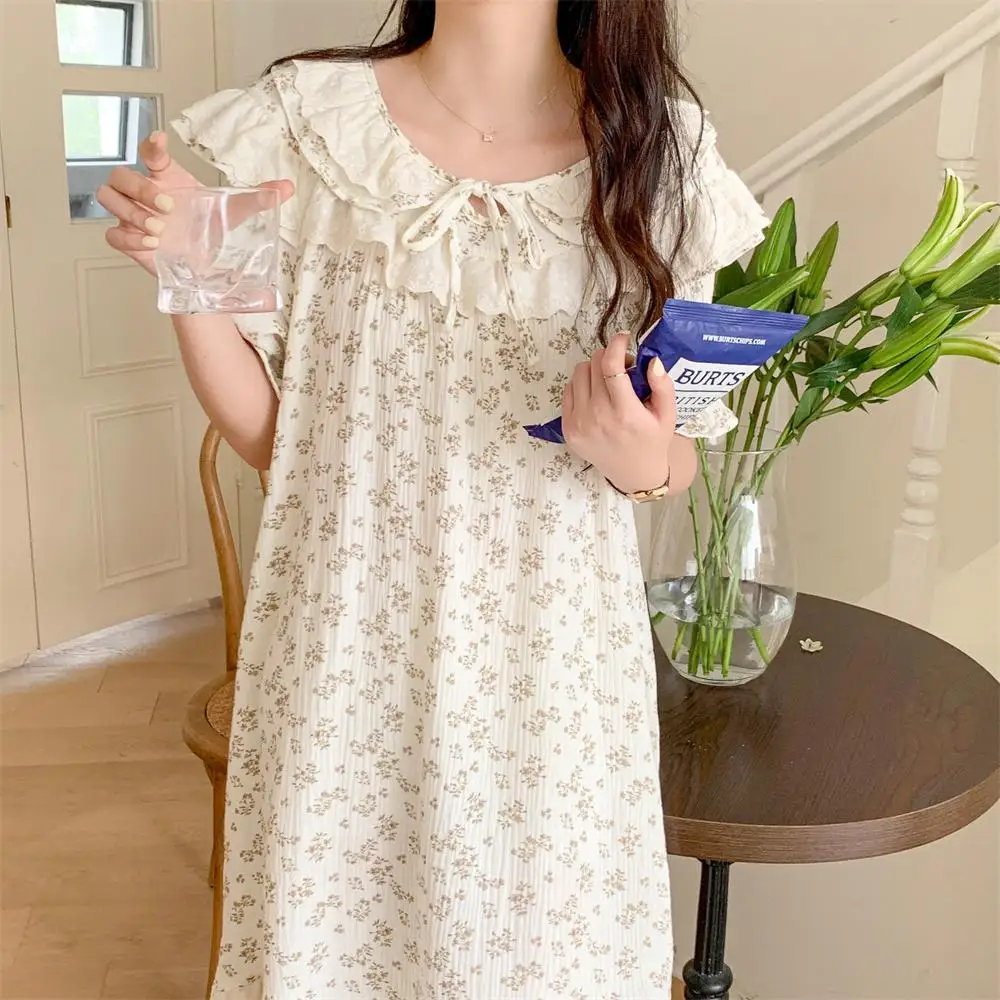 Soft Floral Print Flowers Flounce Short Sleeve NightDress Women Summer Cotton Sleepwear Ins Comfortable Casual Elegant Loose