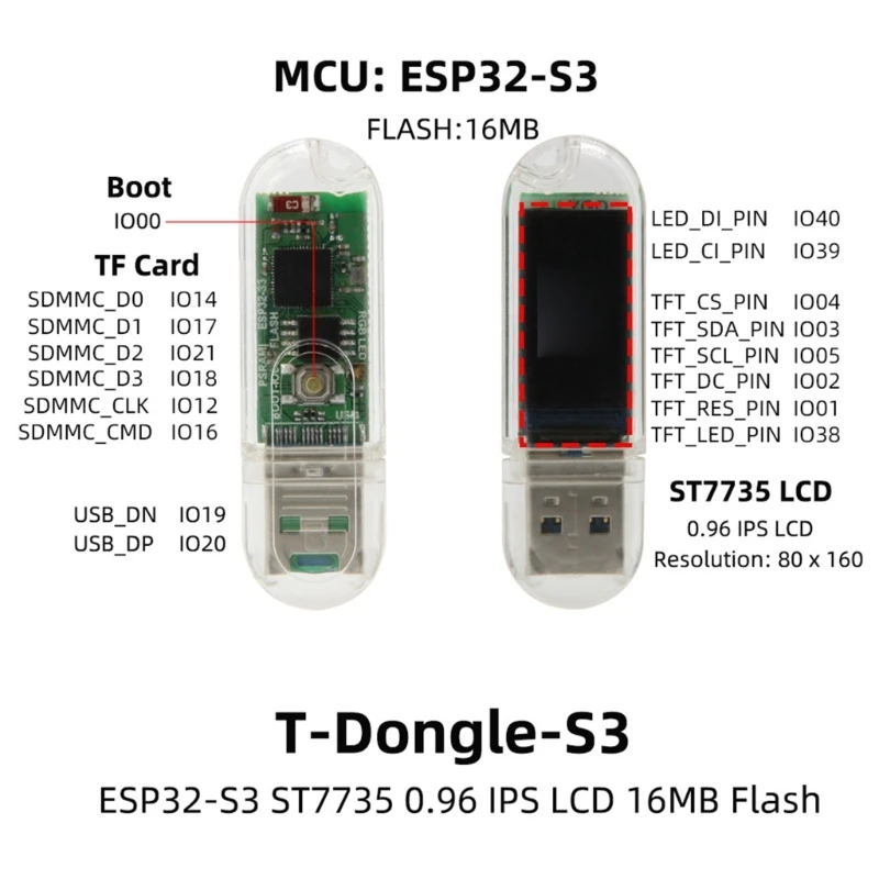 T-Dongle-S3 ESP32-S3 Development Board Screen Dongle 0.96inch ST7735 LCD Display M76A