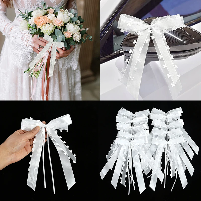 10Pcs White Ribbon Bowk Wedding Car Bowknot DIY Gift Wrap Ribbon Bows Romantic Wedding Birthday Party Chair Favors Decorations