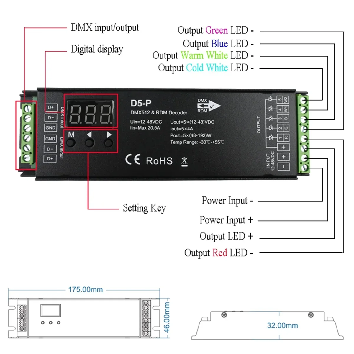 RDM 디지털 디스플레이 DMX 디코더, DMX512 조광기 드라이버, PWM RGBCCT LED 컨트롤러, LED 모듈 조명, 5 채널