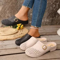 Mules ajourées pour femmes avec boucle carrée décorative, talon bas, légères en PU, antidérapantes, chaussures décontractées pour toutes les saisons 1