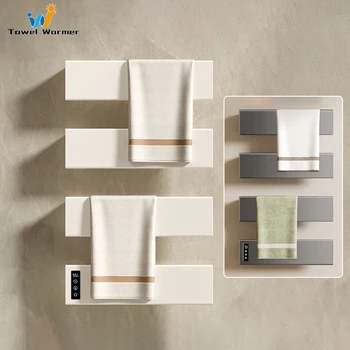 สีขาวไฟฟ้าอุ่นผ้าเช็ดตัวราวสมาร์ทอุณหภูมิควบคุมเวลาผ้าเช็ดตัวอุ่นซ่อน/สัมผัสสายห้องน้ําชั้นวางผ้าขนหนูไฟฟ้า 1