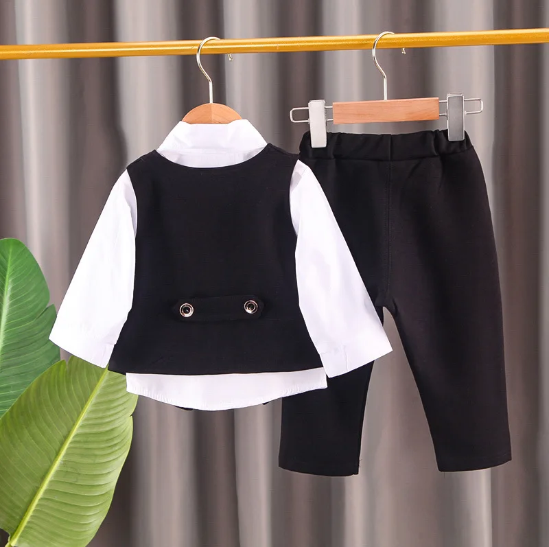 Toddler boys Long Sleeve T-Shirt + plaid suit tie 3 piece Clothes Set