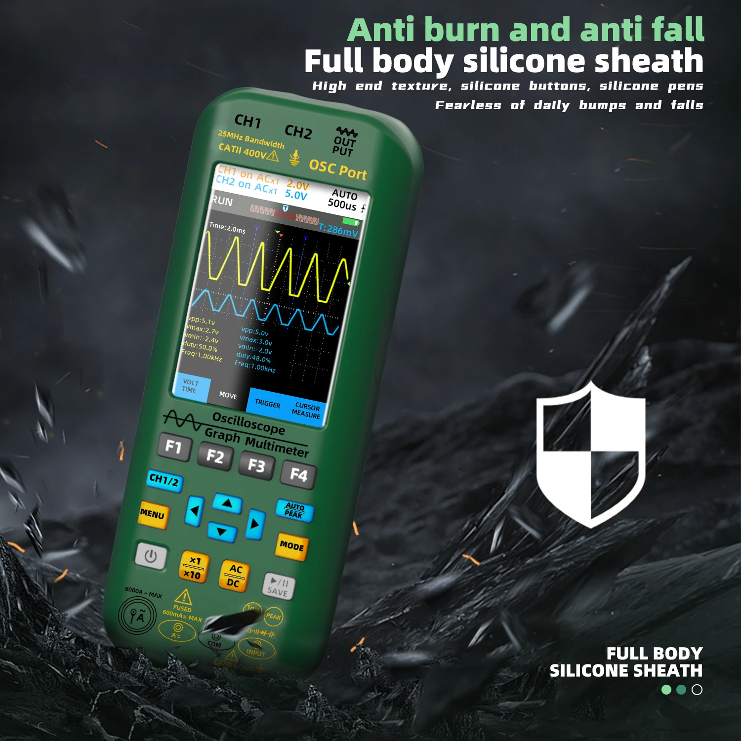 BSIDE. Handheld Oscilloscope Dual Channel 25MHz*2Vol 6000A Current Tester 4-in-1 Digital Multimeter+Functional Signal Generator 6