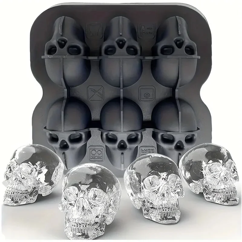 Halloween Party Ice Cube Mold 3D Skull Shape Food Grade Silicone Tray 4/6 Cavity for Whiskey Cocktail Baking Chocolate