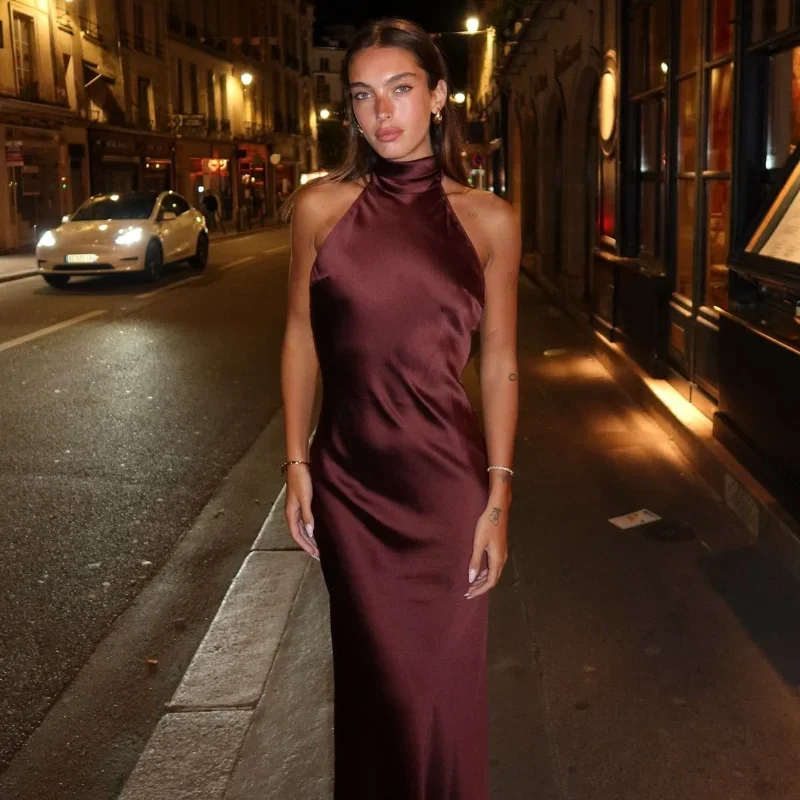 Elegant Brown Satin Halter Lace-Up Long Dress - Front View