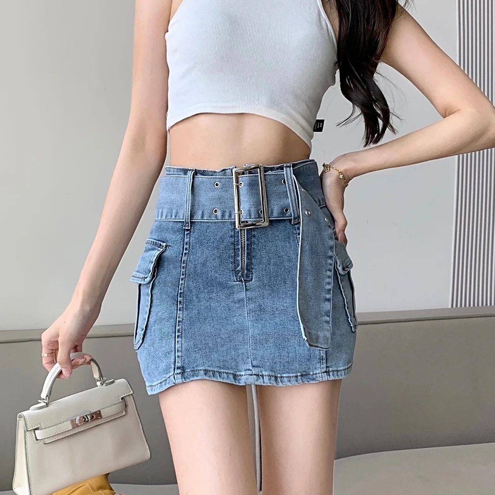 

Big Belt Summer Denim Skirts Women High Waist Mini Skirt Korean Big Pockets Pencil Shorts Skirt Bodycorn Vintage Ins Jeans