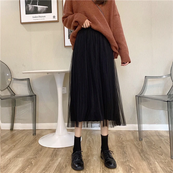 2021 Autumn Winter Woman Pleated Skirt New Mesh Double Side A-line Skirt Mid Length Skirt Versatile High Waist Slim Girl Black nike tennis skirt