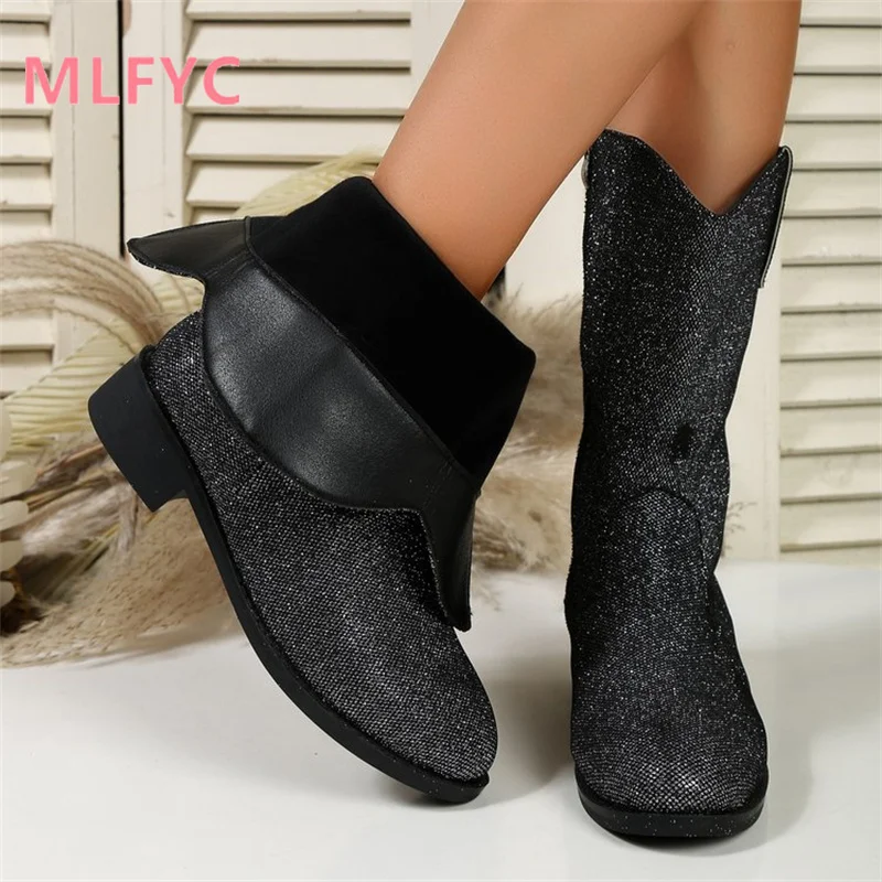 Autumn and Winter New European and American Women's Shoes Low Heel Sequins Fashion Network Red Mid Sleeve Boots for Women