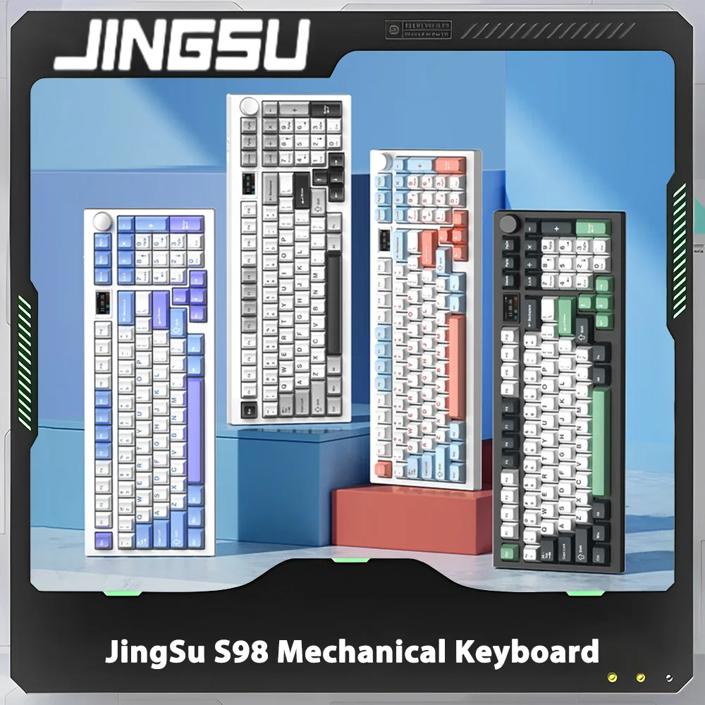 

Механическая клавиатура JingSu S98, Беспроводная игровая клавиатура с тремя режимами, с ручкой, с прокладкой экрана, для горячей замены, для ПК и Mac